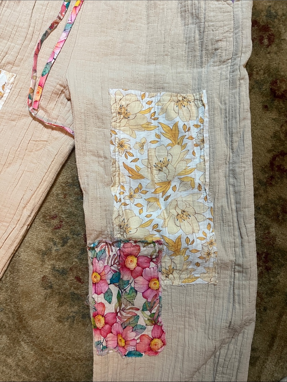 POL - size M Light Cream Patchwork Lounge Pants with Floral Accents - Picture 3 of 7